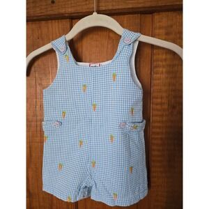 Cotton Kids Blue Gingham Carrot Embroidered Baby Romper 9M Vintage Style Snaps